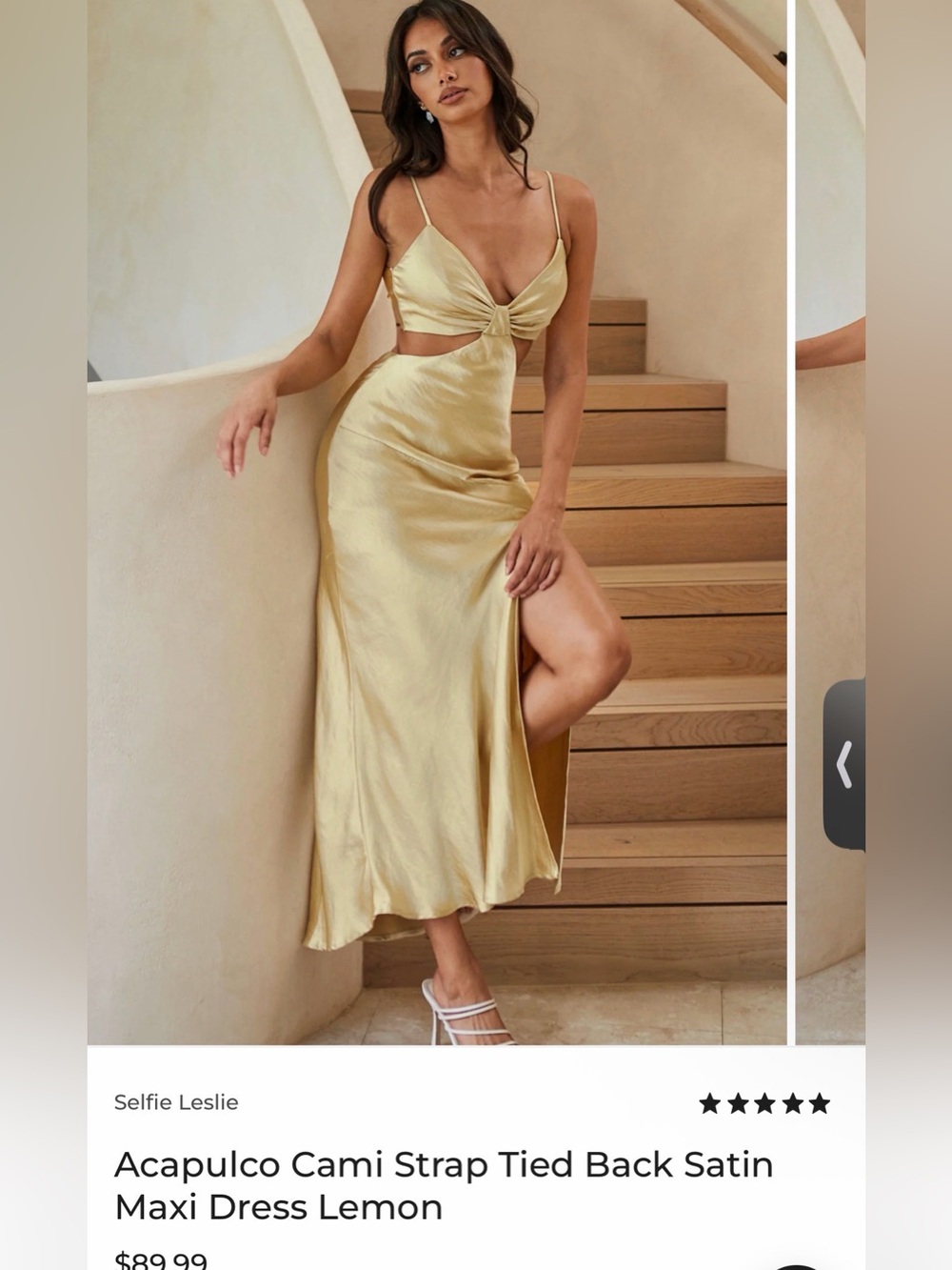 Selfie Leslie Acapulco Cami Strap Tied Back Satin Maxi Dress Lemon Yellow S - Picture 3 of 8